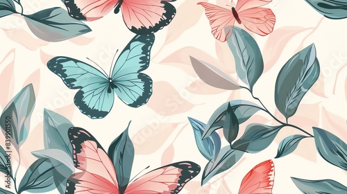 Charming hand-drawn butterflies and leaves in a seamless pastel floral pattern