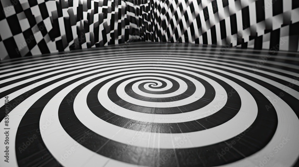 Striking black and white op art style, dizzying geometry, optical illusions. Striking black and white op art style, dizzying geometry, optical illusions.