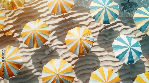 Top view of beach parasols. Summer concept background 3D Rendering, 3D Illustration