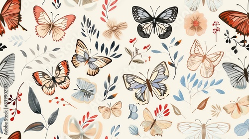 Elegant seamless pattern of hand-drawn butterflies, flora, and leaves in pastel colors