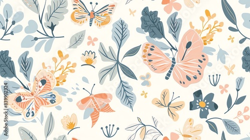 Hand-drawn butterflies, flowers, and leaves in soft pastel colors, seamless pattern