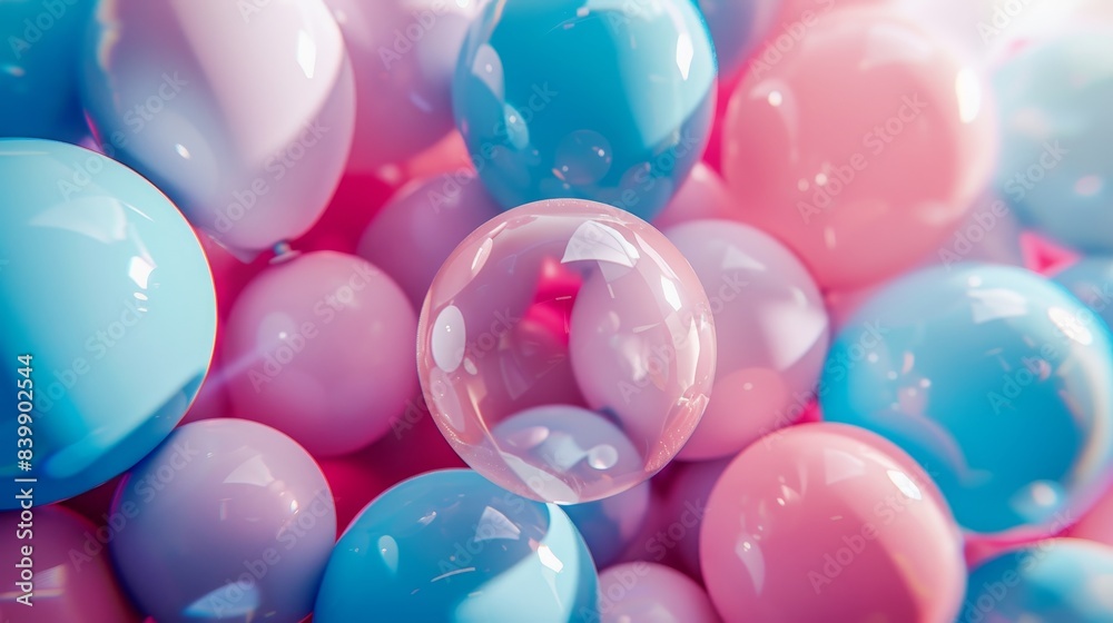 Detailed shot of pastel balloons in blue, pink, and light pink, focusing on the center hole, vibrant and colorful