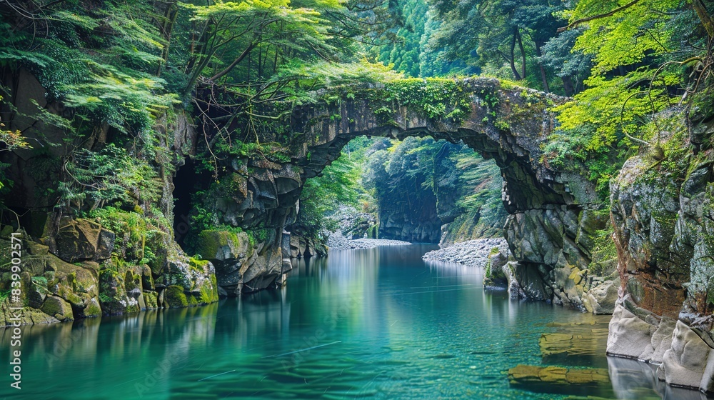Naklejka premium Japan's Most Beautiful Natural Arches, Featuring Green Trees and Water, with a Stream Running Through, Showcasing Blue-Green Hues, Covered in Dense Vegetation, Resembling an Ancient Bridge Made of Roc