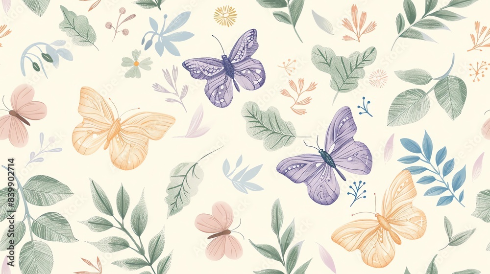 Obraz premium Soft pastel butterflies and leaves, hand-drawn seamless floral pattern with flora