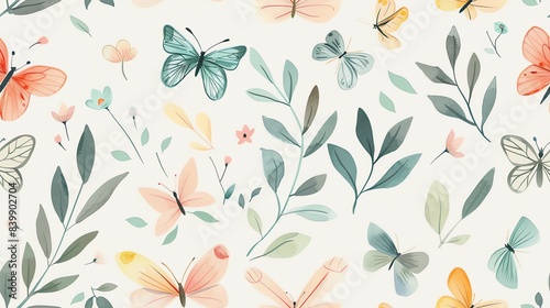 Soft pastel butterflies and leaves, hand-drawn seamless floral pattern with flora