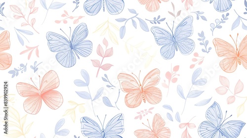 Soft pastel butterflies, flora, and leaves, hand-drawn seamless pattern