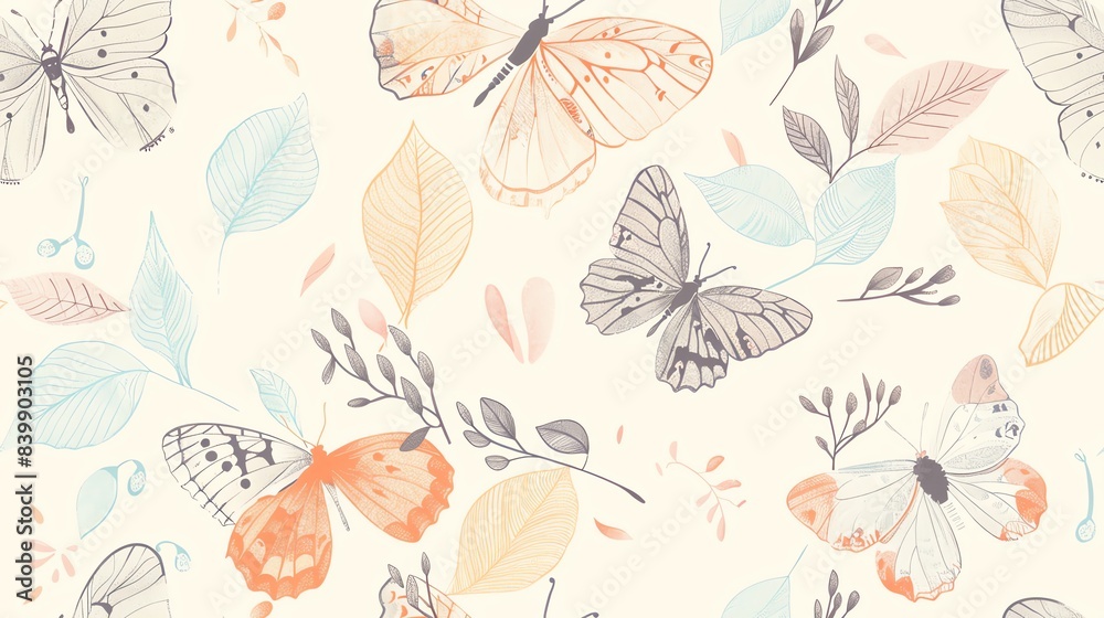 Soft pastel-colored butterflies and leaves, hand-drawn seamless floral pattern Soft pastel-colored butterflies and leaves, hand-drawn seamless floral pattern