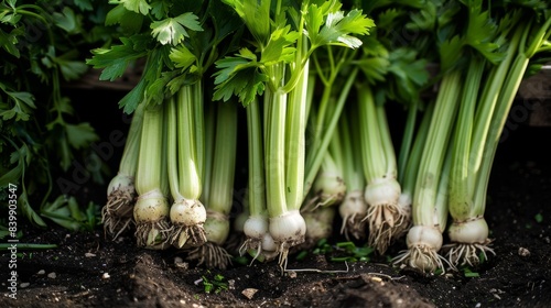 green celery stalks and white leeks with their roots above the ground generative ai