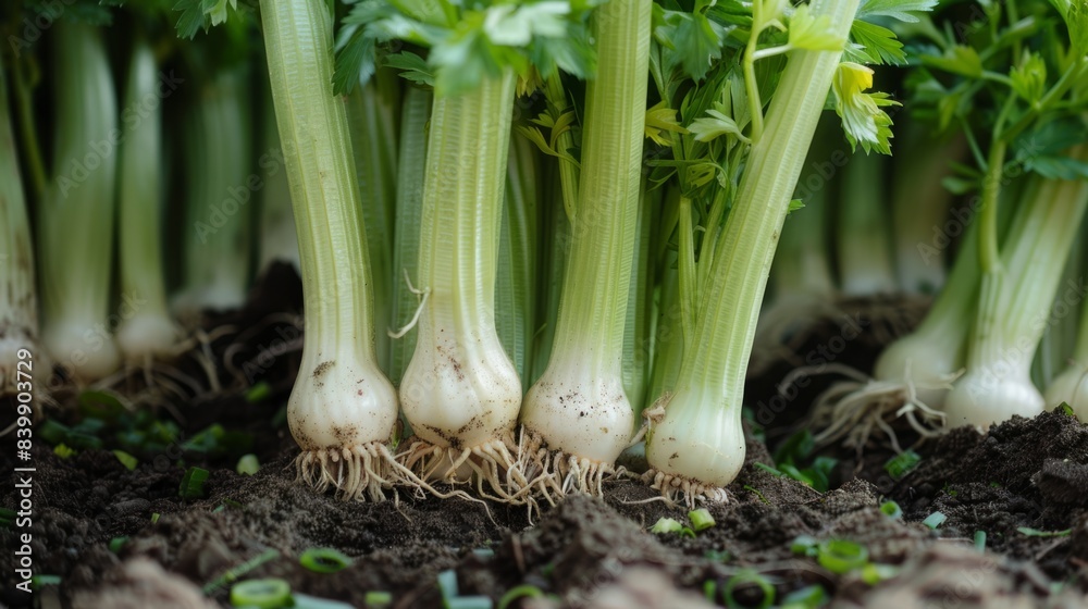 Obraz premium green celery stalks and white leeks with their roots above the ground generative ai