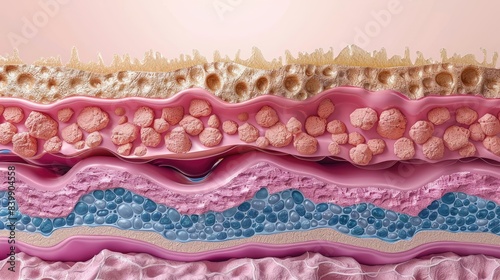 Detailed cross-section of human skin layers, showcasing various textures and cell structures in a colorful illustration.