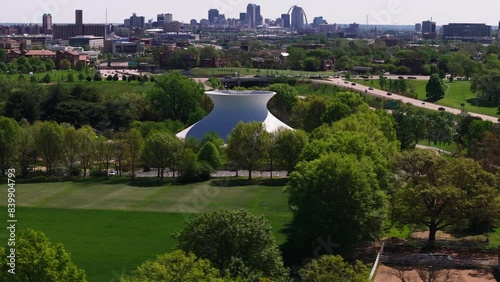 Highangle view of James S. McDonnell Planetarium and its unique structure, and the St Louis skyline in the background, transitioning through the landscape photo