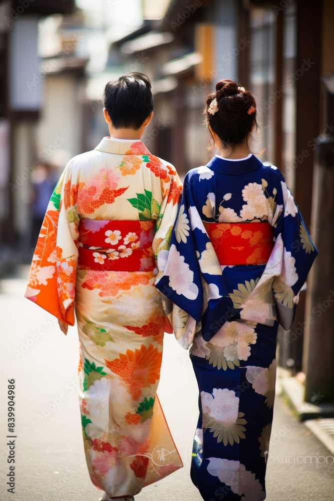 Two lover wearing kimonos walk down a street. The women are dressed in different colors and patterns, with one wearing a blue kimono and the other wearing an orange one. The scene is set in a city Two lover wearing kimonos walk down a street. The women are dressed in different colors and patterns, with one wearing a blue kimono and the other wearing an orange one. The scene is set in a city