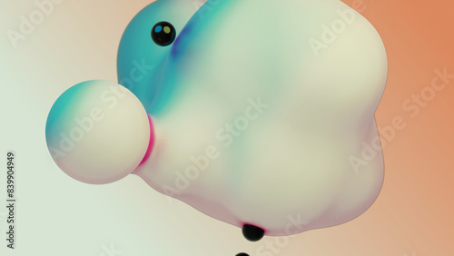 Liquid fluid dynamic abstract animated white metaball floating spheres blobs drops bubbles in transition deformation beige background with black little pearls 3d render for presentation business adds