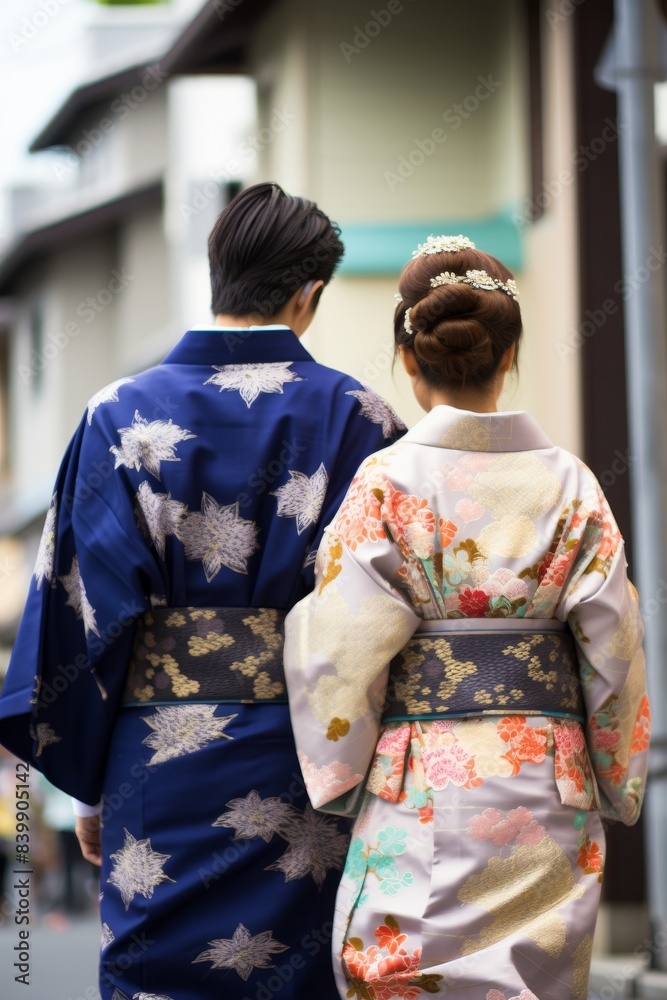 Fototapeta premium Two lover wearing kimonos walk down a street. The women are dressed in different colors and patterns, with one wearing a blue kimono and the other wearing an orange one. The scene is set in a city