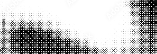 Bitmap grunge gradient texture. Black and white pixelated dither wave pattern. Abstract glitch 8-bit game wallpaper. Retro wide wavy rasterized backdrop. Pixel art background. Vector illustration