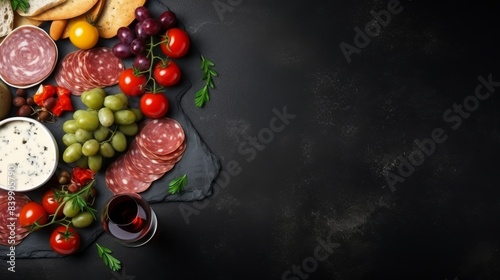 A black tray with a variety of meats and cheeses  including ham  salami  and cheese  and a glass of red wine