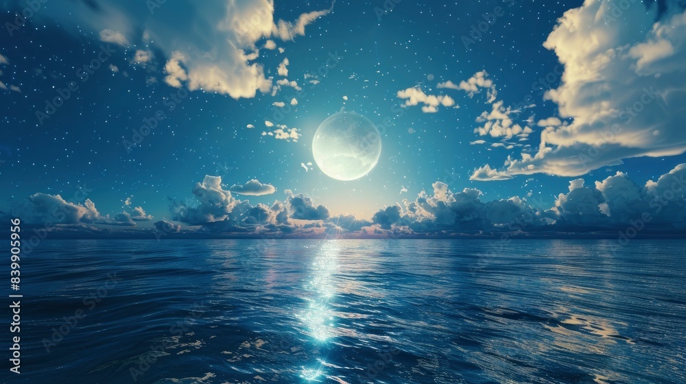 Romantic Moon With Clouds And Starry Sky Over Sparkling Blue Water, generative ai Romantic Moon With Clouds And Starry Sky Over Sparkling Blue Water, generative ai