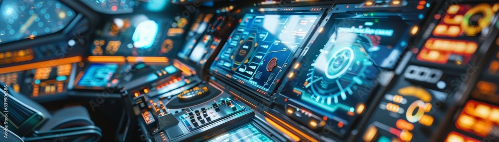A futuristic space shuttle cockpit with a large screen in the center. The controls are in the foreground and the rest of the cockpit is filled with screens A futuristic space shuttle cockpit with a large screen in the center. The controls are in the foreground and the rest of the cockpit is filled with screens