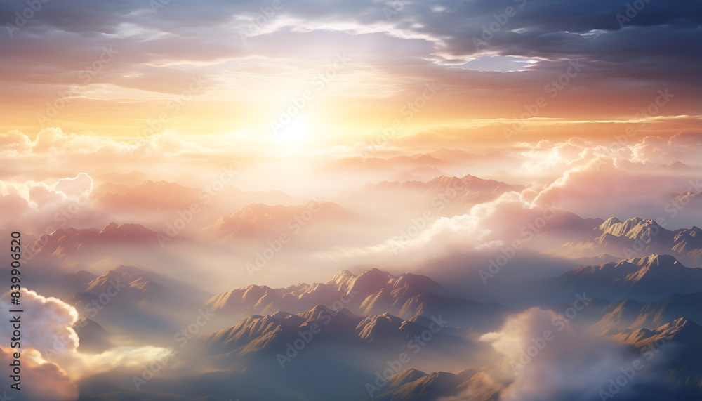 sun rising over clouds and mountains, generative ai sun rising over clouds and mountains, generative ai