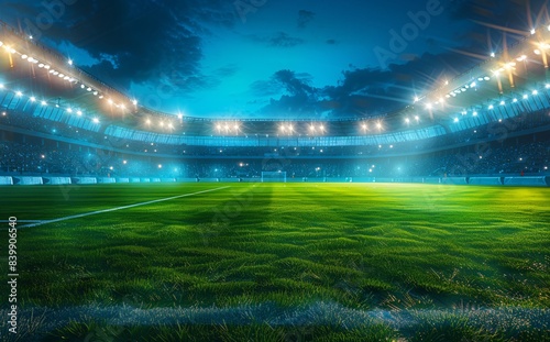 Vibrant Night Atmosphere at Soccer Stadium - Photorealistic Wide Angle View of Grass Field with Stadium Lights and Cheering Fans