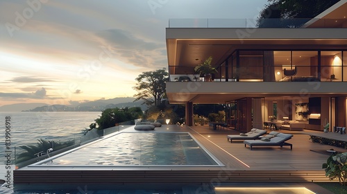 house on the coast with a pool, dusk ligh : Generative AI