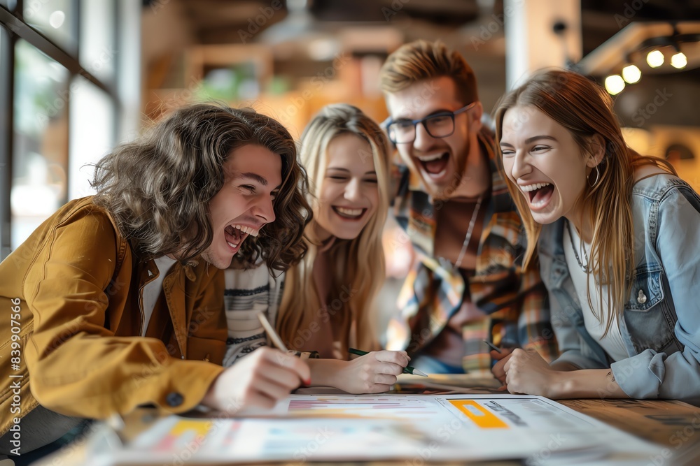Obraz premium A team gathered around a desk, joyfully reviewing a positive quarterly earnings report
