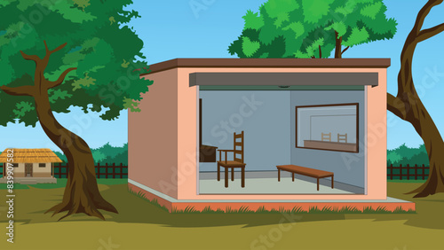 Indian village small saloon vector illustration for cartoon. Village saloon landscape design. Indian village road background 