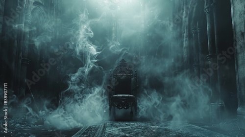 A dark room with a chair in the center and smoke coming out of it. The chair is surrounded by candles and there is a rug on the floor. Scene is eerie and mysterious photo