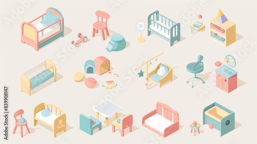 Isometric illustrations of baby nursery furniture and toys.
