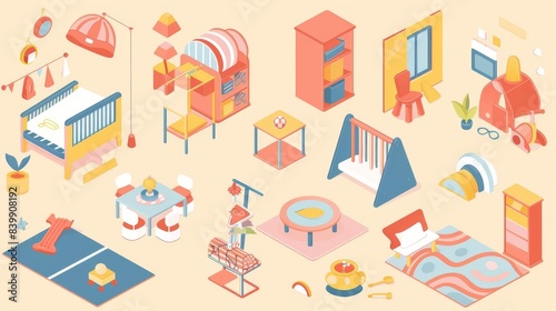 Isometric illustrations of baby nursery furniture and decor.