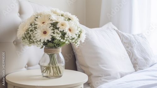 A white vase with yellow flowers sits on a nightstand next to a lamp. The scene is peaceful and calming  with the flowers adding a touch of natural beauty to the room
