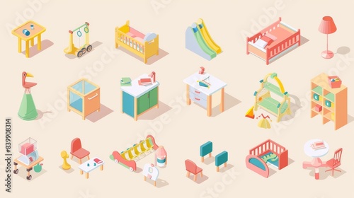 Isometric set of colorful furniture for a child's room.