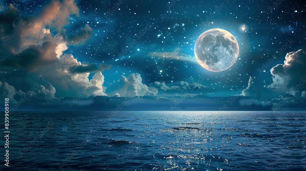 Romantic Moon With Clouds And Starry Sky Over Sparkling Blue Water, generative ai Romantic Moon With Clouds And Starry Sky Over Sparkling Blue Water, generative ai