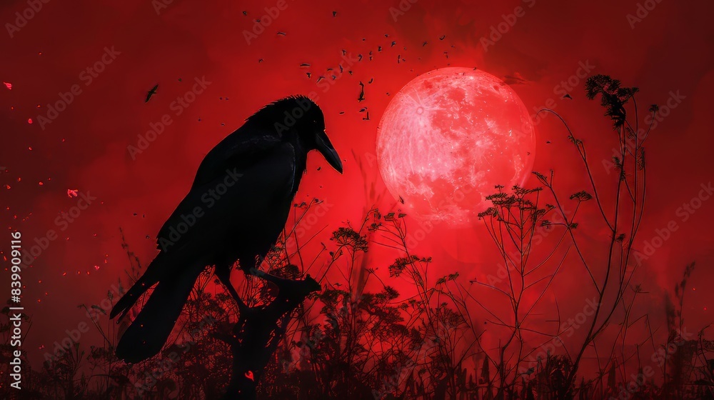 Fototapeta premium Crow below, silhouetted by the magic moonlight, with a haunting blood-red sky, creating an eerie and captivating image