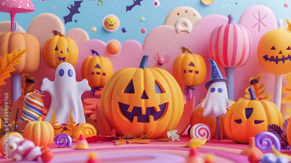 Cute Halloween candy ghost pumpkin background, trick or treat party orange pastel pink decoration. Holiday festive season celebration invitation greeting card, sales banner wallpaper. 3d digital art. Cute Halloween candy ghost pumpkin background, trick or treat party orange pastel pink decoration. Holiday festive season celebration invitation greeting card, sales banner wallpaper. 3d digital art.