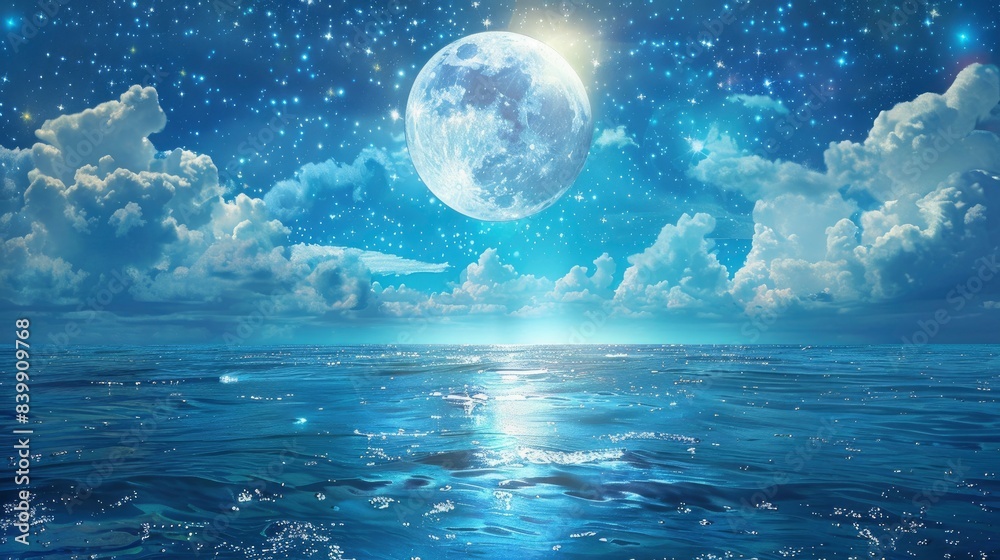 Romantic Moon With Clouds And Starry Sky Over Sparkling Blue Water, generative ai Romantic Moon With Clouds And Starry Sky Over Sparkling Blue Water, generative ai