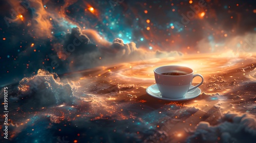 Futuristic Zero Gravity Space Caf Concept with Floating Coffee Cup
