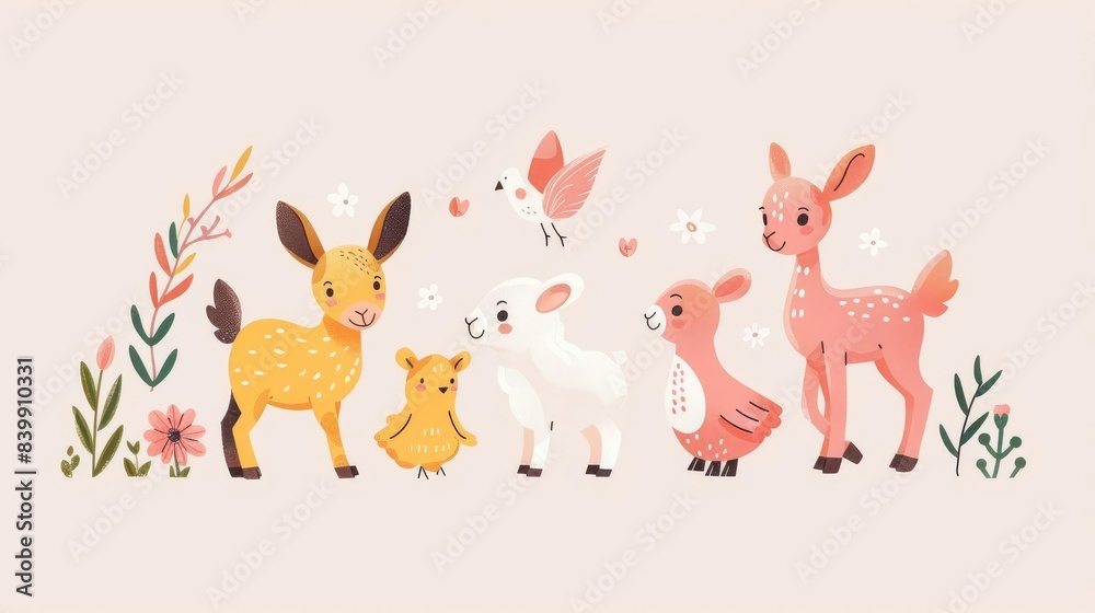 Springtime animals, with illustrations of baby animals like lambs, chicks, and fawns, symbolizing new life and growth Springtime animals, with illustrations of baby animals like lambs, chicks, and fawns, symbolizing new life and growth