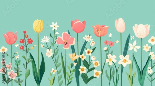 Blooming flowers, with illustrations of various flowers blooming, such as tulips, daffodils, and cherry blossoms