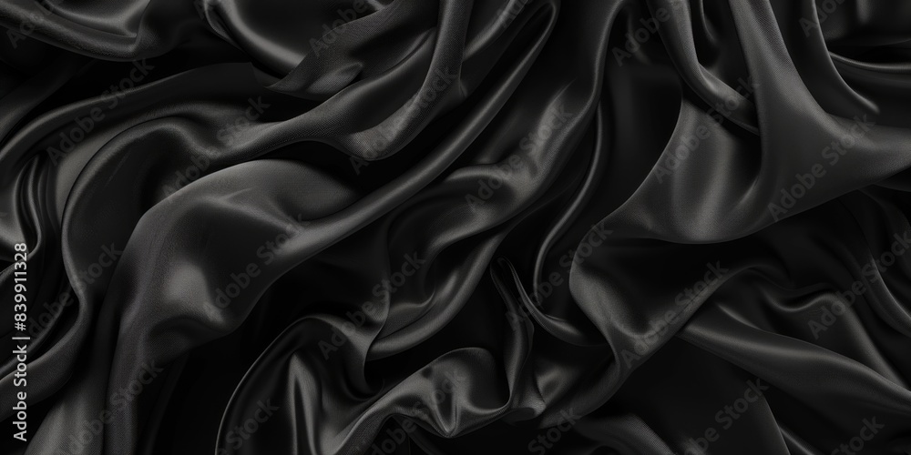Fototapeta premium Luxurious Fabric Textile Decoration for Posters, Banners, and Cover Designs - HD Wallpaper with Smooth Black Silk Folded Cloth Background，Empty smooth black silk fabric folded cloth background