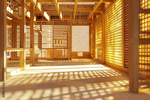 A long room with many bamboo poles