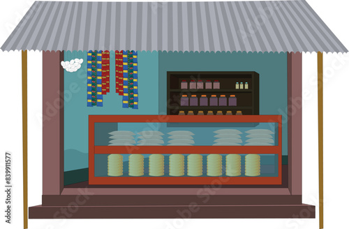 Asian rural village grocery shop clipart isolated vector illustration for cartoon animation