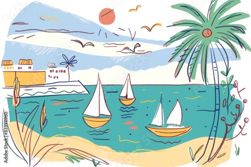 Cartoon cute doodles of a seaside scene with sailboats and palm trees  capturing Matisse s love for the Mediterranean  Generative AI 