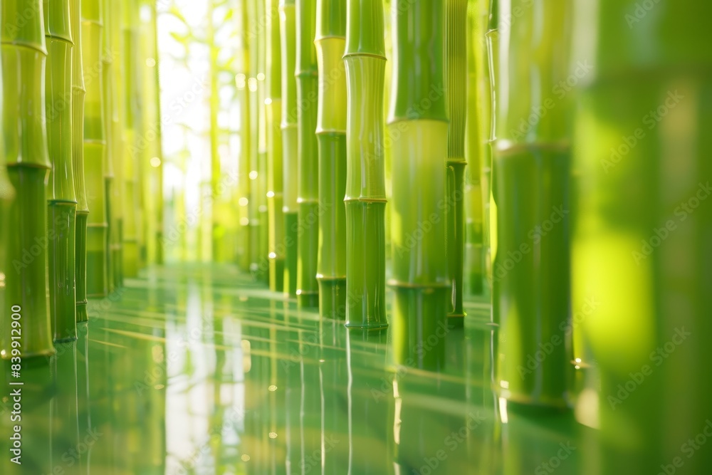 A row of green bamboo plants are reflected in the water A row of green bamboo plants are reflected in the water