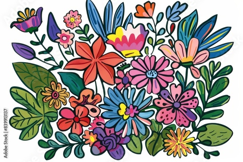 Cartoon cute doodles of vibrant flowers arranged in a Matisse-like composition, Generative AI