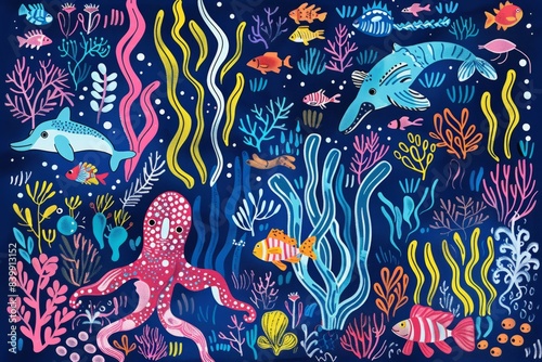  Cartoon cute doodles of underwater creatures and coral reefs rendered in bold, flowing lines inspired by Matisse, Generative AI