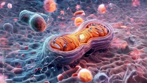 Illustration depicting mitochondria in action, producing energy within animal cells, highlighting the processes of biochemistry and metabolism photo