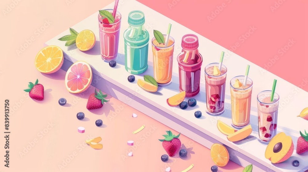 Isometric view of a smoothie bar with a variety of fruits and blended drinks, depicting the freshness and vibrancy of smoothies, with copy space for text Isometric view of a smoothie bar with a variety of fruits and blended drinks, depicting the freshness and vibrancy of smoothies, with copy space for text