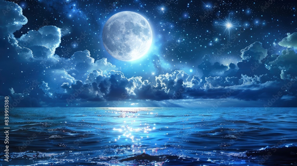 Romantic Moon With Clouds And Starry Sky Over Sparkling Blue Water, generative ai Romantic Moon With Clouds And Starry Sky Over Sparkling Blue Water, generative ai