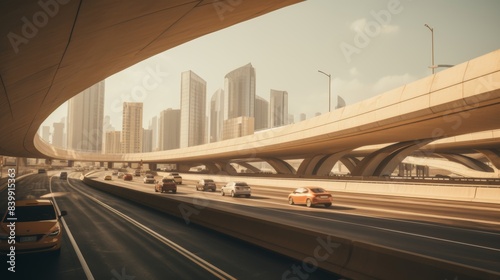 Busy highway traffic at rush hour in soft tones, urban cityscape view from above